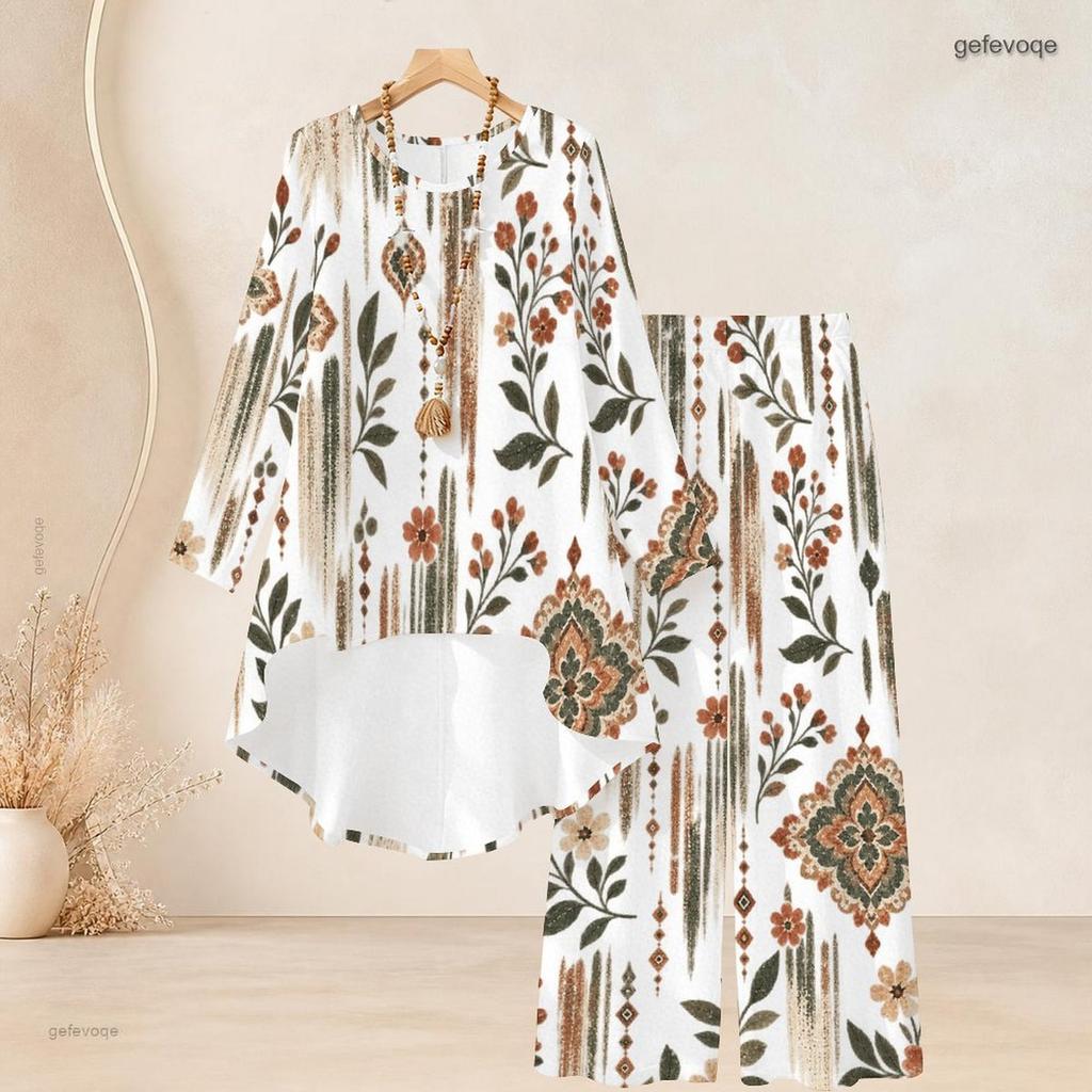 Women Plus Size Round Neck Long Sleeve Printed High Low Top Wide Leg Pants Two Piece Set