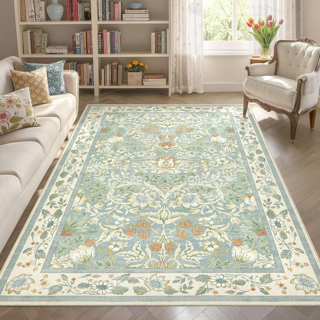 Alfombra Persa de Flores para Salas de Estar, Alfombra Resistente a la Suciedad para Sofá y Alfombra de Mesita de Noche para Dormitorio