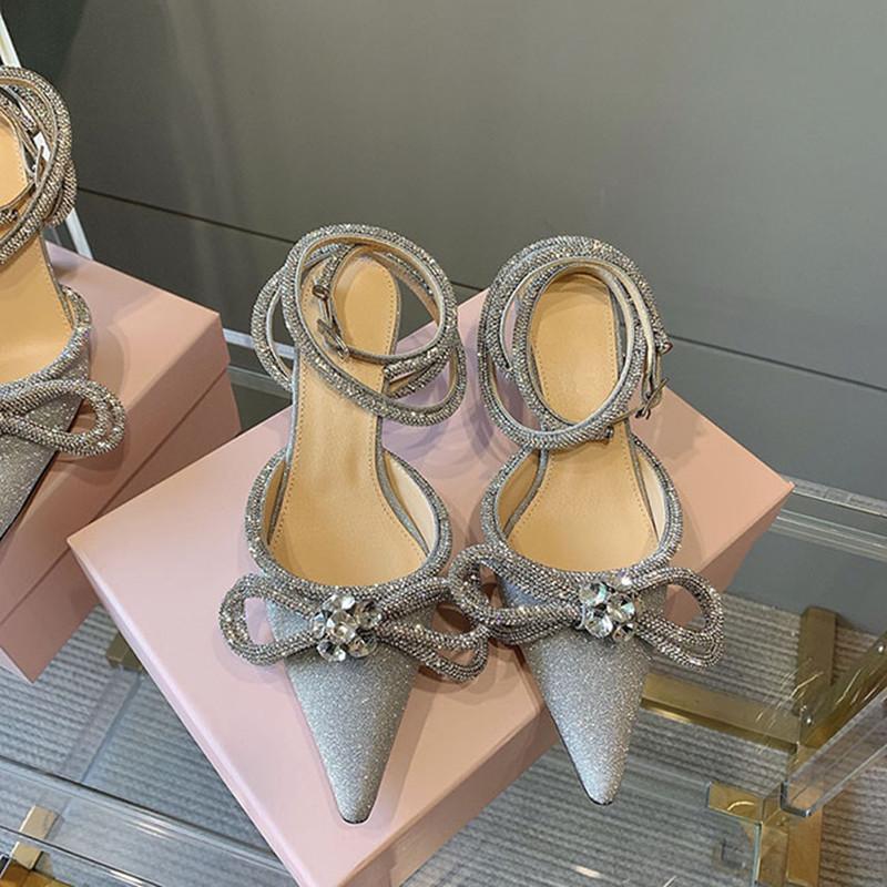 Ins style Glitter Crystal Women Pumps Sexy Ankle strap Rhinestones Bowknot Wedding High heels Summer Party Prom Shoes