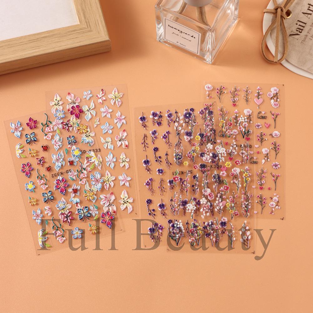 5D embosované samolepky na nehty Bílé květinové obtisky na nehty Gravírování květinových tipů na nehty