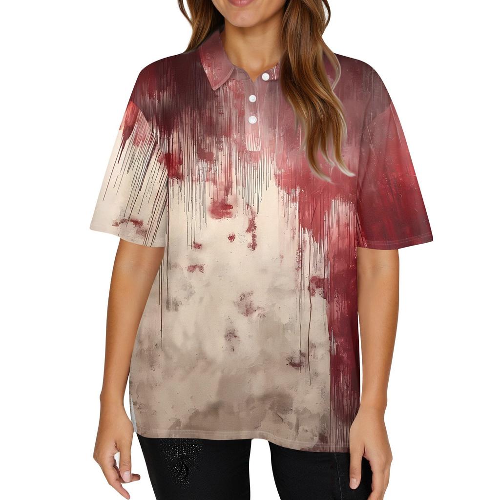 Dammode Casual Revers Kortärmad Halloween Tryck Skjorta Dam Knäppta Toppar