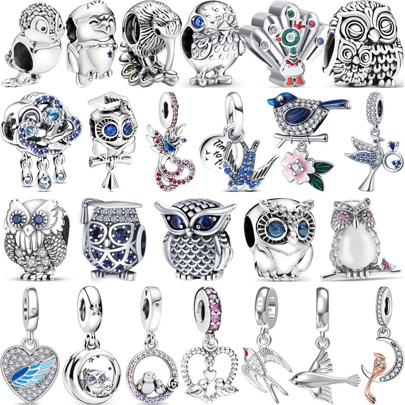 925 Sterling Copper Cartoon Bird Parrot Owl Swallow Feathers Cute Pendant DIY Beads Fit Original Pantaro Charms Bracelet Zircon
