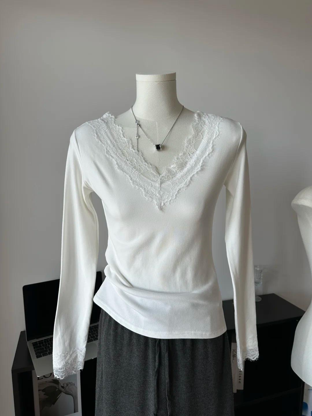 Chic European Lace Patchwork V-Neck Long Sleeve Top for Women - Autumn/Winter Basic & Sexy Style S белый