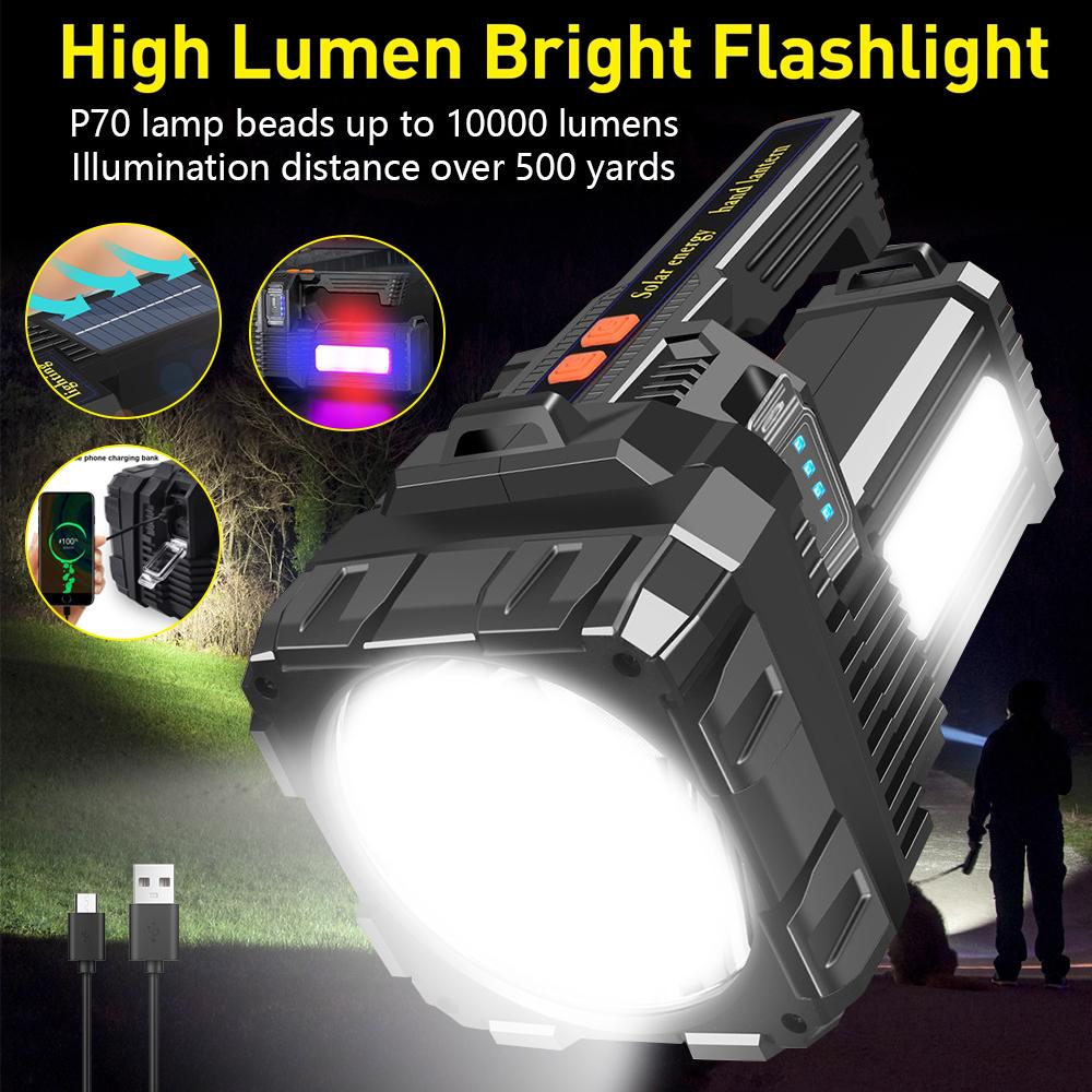 Solar Energy High Power LED Flashlight Type-C Rechargeable Strong Light Lamp Waterproof For Outdoor Camping Hiking