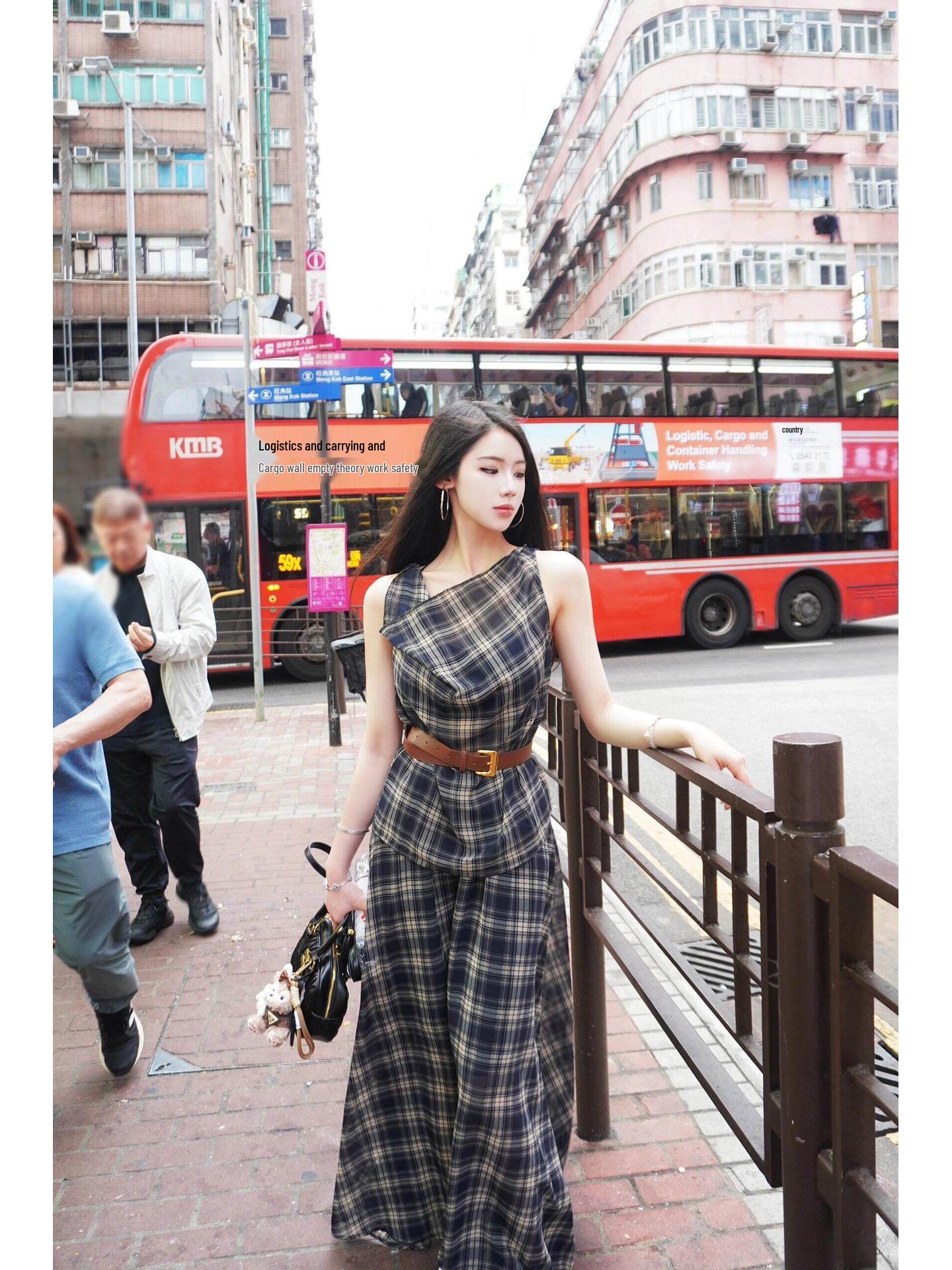 Women s Sleeveless Draped Neck Plaid Suit: High-Waisted Versatile Skirt, Loose Two-Piece Spring/Summer Set S