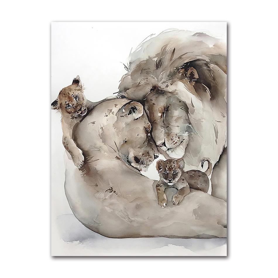 Modern Animal Wall Art Poster Loving Lion Family Canvas Painting Print for Living Room Picture Home Wall Decoration Cuadros