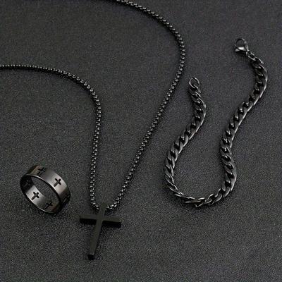 Men's Fashion Versatile Stainless Steel Jewelry Set, Black Cross Necklace, Bracelet and Ring, The Best Jewelry