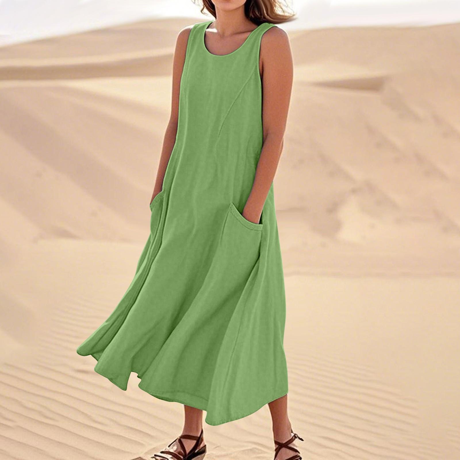 

Женские повседневные однотонные платья из хлопка с круглым вырезом без рукавов и карманами L зелёный
