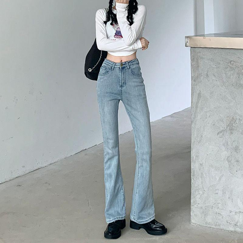 

Женские черные эластичные расклешенные джинсы с высокой талией — облегающий корейский стиль для весны и осени 2023 года XS светло-синий