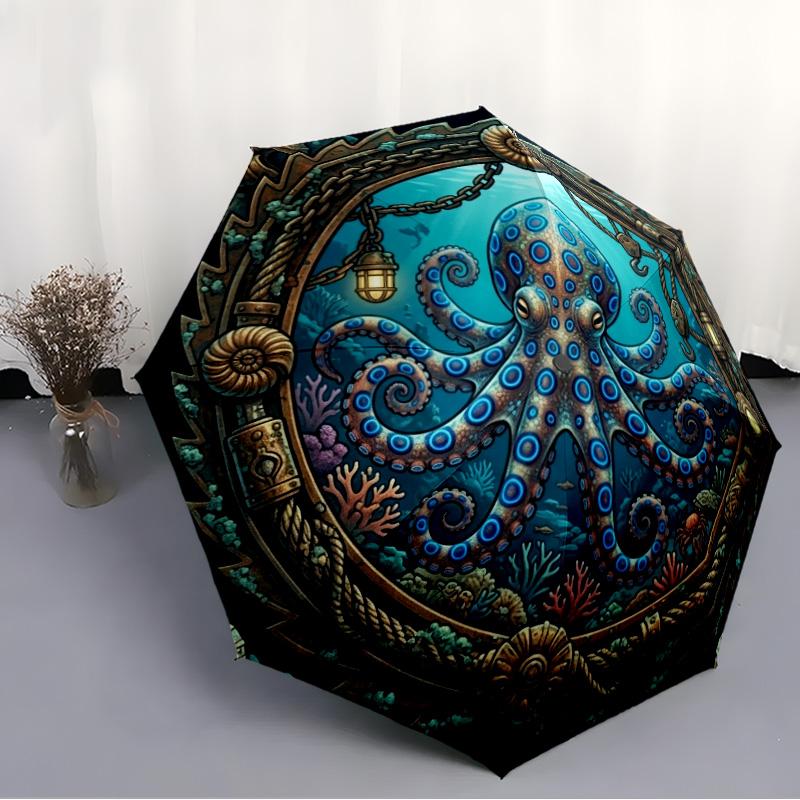 Oceanic Steampunk Octopus pattern umbrella, portable and foldable design, 8 ribs, a casual accessory for Halloween, Christmas, and birthday gifts.