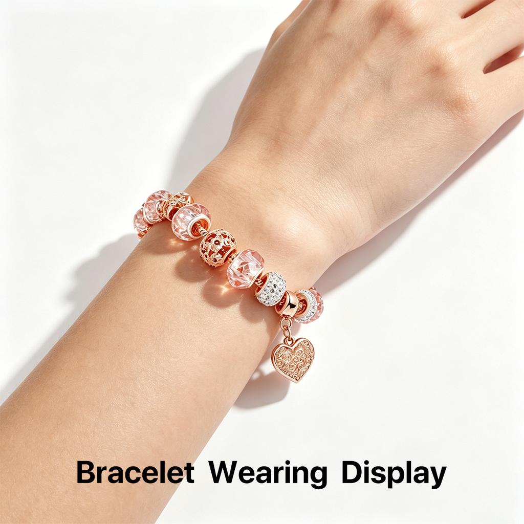 Roségoldene herzförmige Charm-Armbänder, Modeschmuck, Perlenarmband, Geburtstag, Weihnachten, Geschenke für Mädchen und Frauen