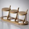 JUSTINLAU Küche Glas Gewürzbehälter Set Würze Gewürz Salz Behälter Holzdeckel mit Tablett Löffel Staubdicht Kaffeebohnen Organizer