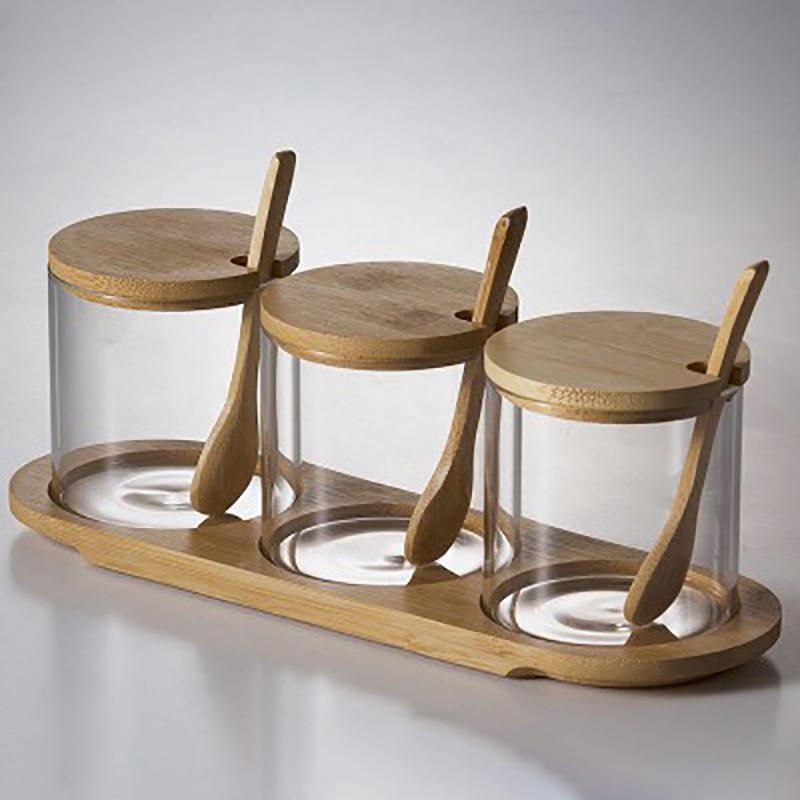 

Набор кухонных стеклянных банок для приправ, деревянная крышка с подносом и ложками, прозрачные банки для приправ, специй, соли, пыленепроницаемые, органайзер для кофейных зерен, бутылки