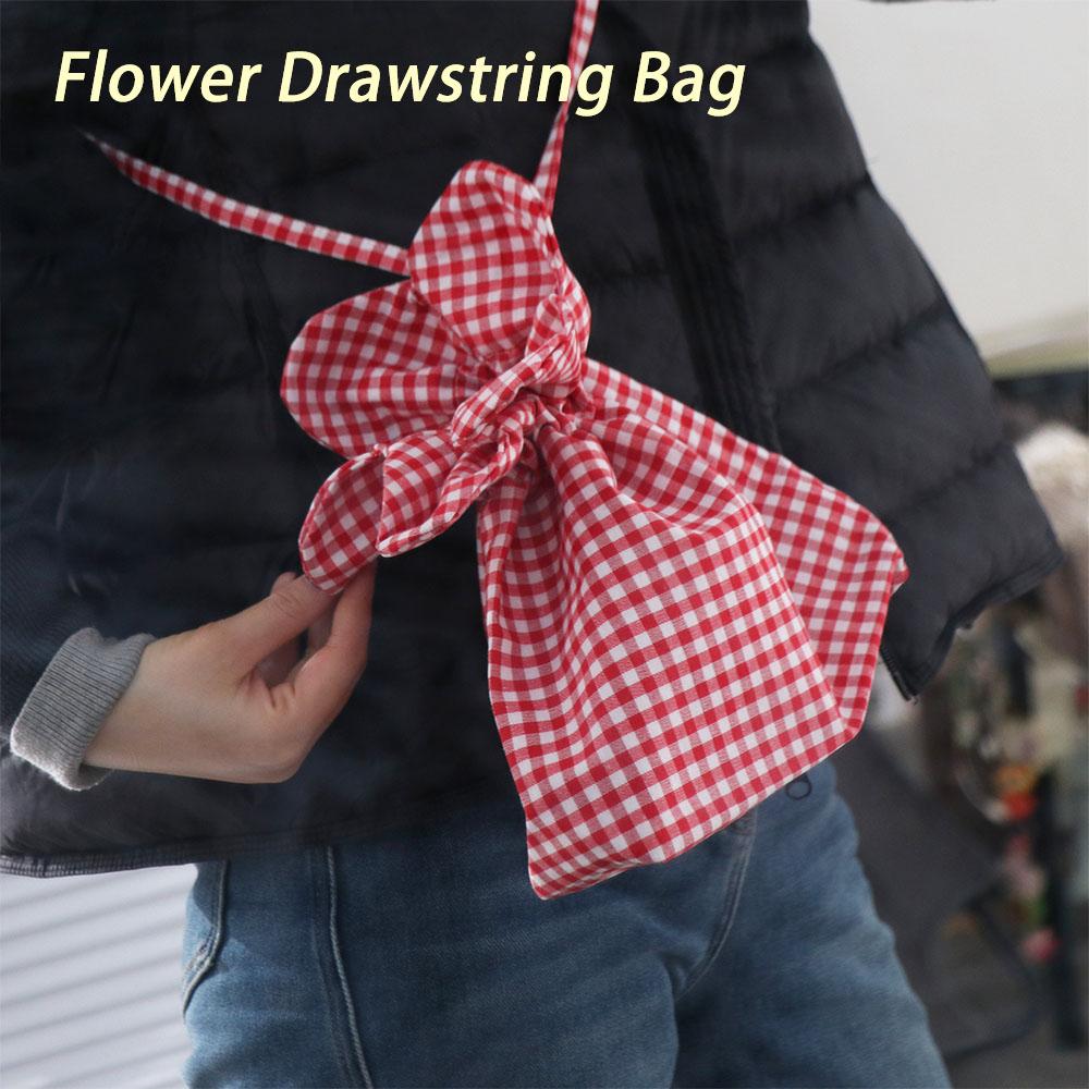 Portable Plaid Flower Crossbody Bag Cloth Ins Shoulder Bag Casual Flower Drawstring Bag  Outdoor