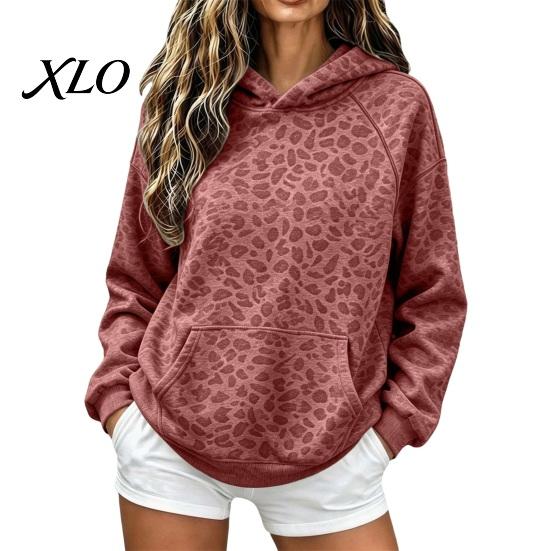 Long Sleeve Casual Tops Women Leopard Print Hoodie, Oversized Drop Shoulder Hooded Sweatshirt with Pocket, Daily Hoodie Pockets Loose Pullover Top for