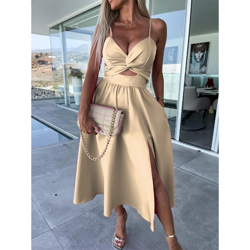 BITCED Women's Fashion Summer Spring Solid Color Print V-Neck Sleeveless Casual Dresses