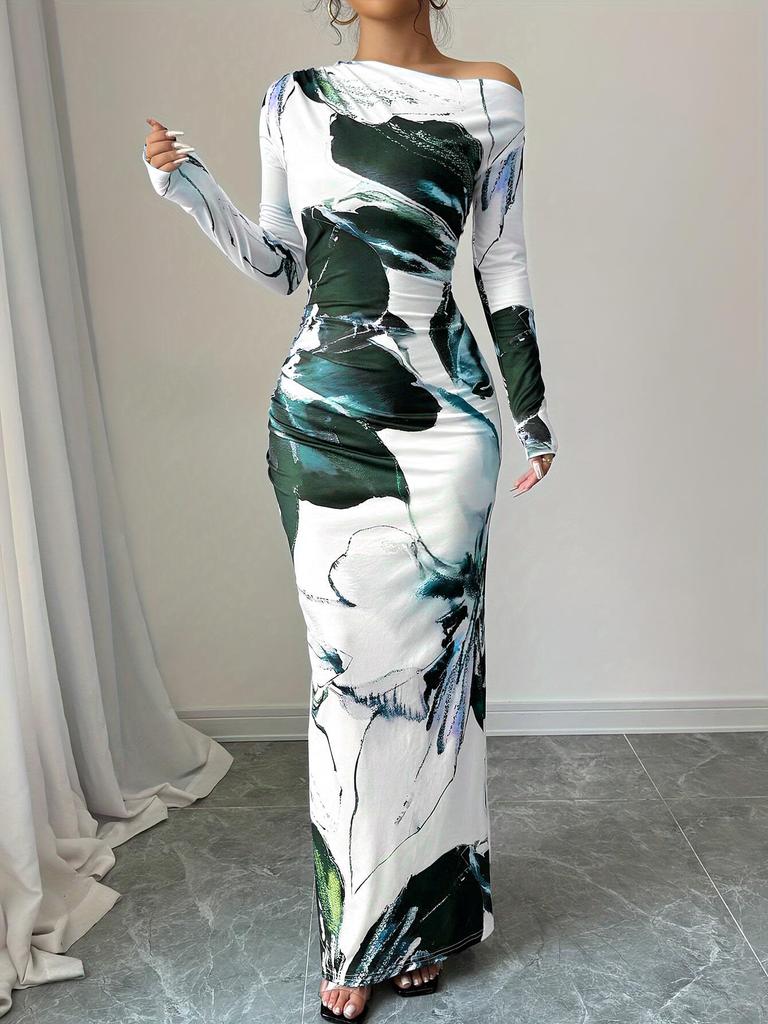 Off-Shoulder Maxi Dress with Asymmetric Neckline and Floral Print, Available in Multiple Colors