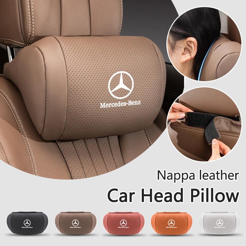 PZQ2 Napa Leather Car Headrest Auto Logo Seat Neck Pillow Head Support Breathable For Mercedes Benz AMG W205 W168 W213 W210 W222 CLK