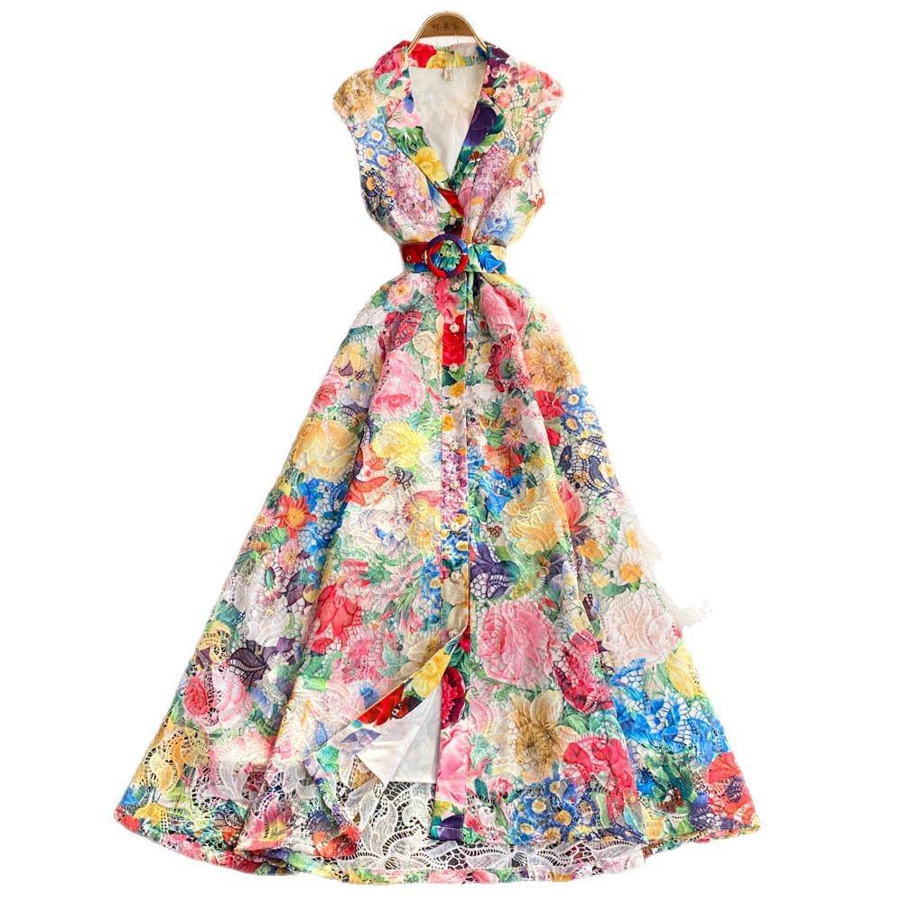 Vacation-style Dress Spring Suit Collar Women's Dress Cinched Waist Elegant Lace Printed Dress