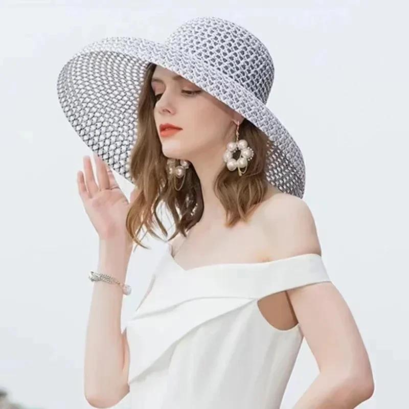 Nuevo Sombrero de Paja Redondo Grande Estilo Retro Sombreros de Sol para Mujer Visera para Viajes y Vacaciones Sombrero de Playa Vintage para Mujer Blanco y Negro