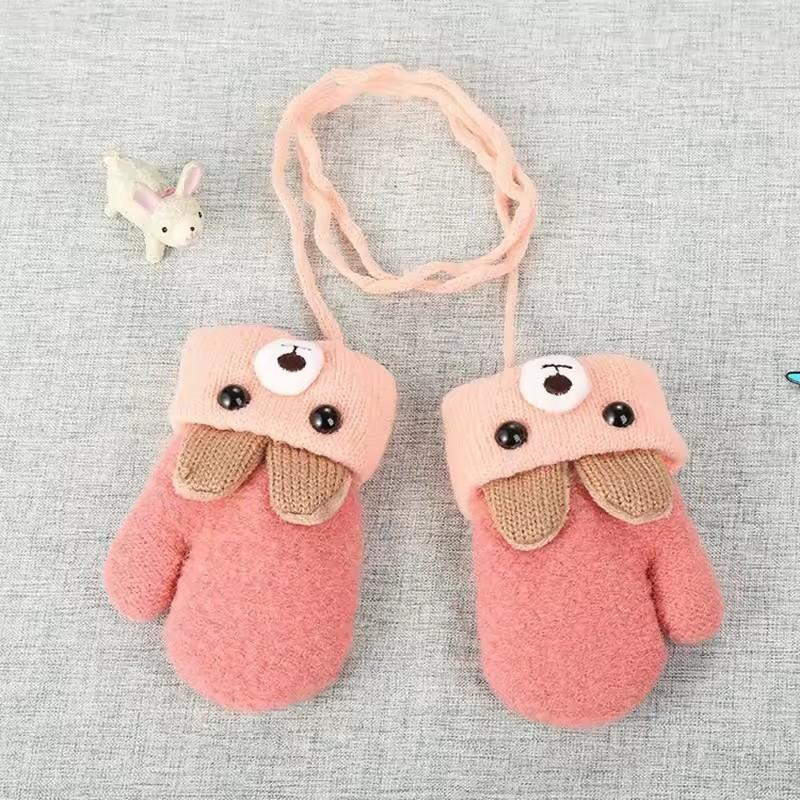 0-3 Year Old Children's Gloves Boys and Girls Cute Little Bear Cartoon Knitted Yarn Gloves Double-layer Thick Keep Warm Winter