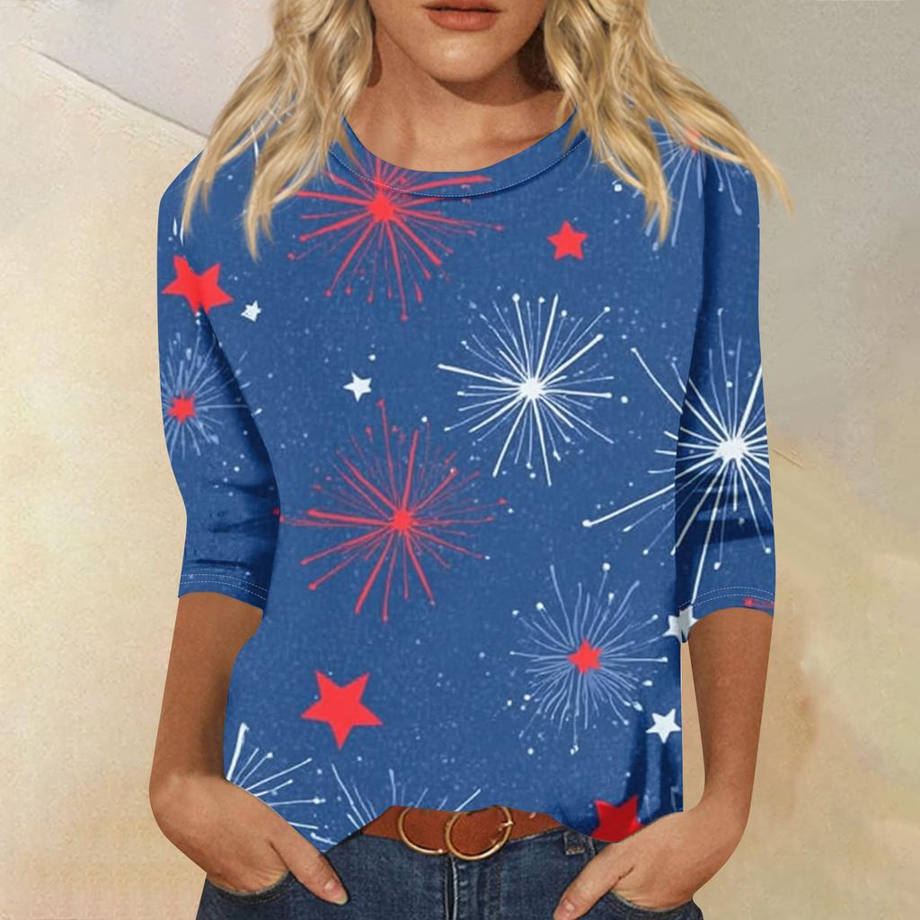 Women's Fashion Casual Seven-Sleeve Independence Day Print Round Neck Top
