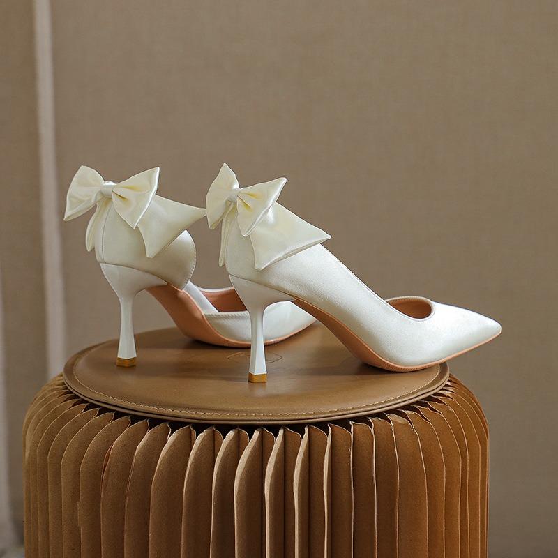 New Side Empty High Heels Women's Thin Heels Satin White Light Mouth Versatile Single Shoes Size