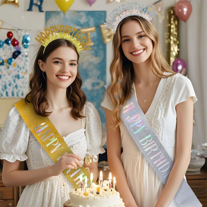 Birthday Headbands and Sash Set Luxurious Celebration Headwear Adjustable for Celebrations and Parties