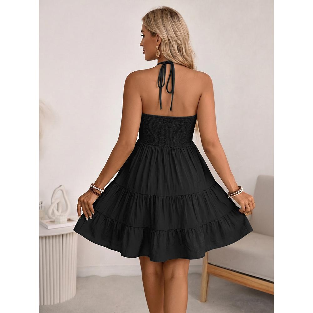 Women's Summer Mini Dress Halter Backless Sleeveless A Line Ruffle Hem Flowy Cami Dresses Sundress
