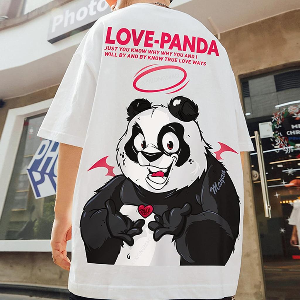 Men's Japanese Casual Love Panda Graphic Printed T-Shirt Streetwear Hip Hop Unisex Sports Tees Shirts