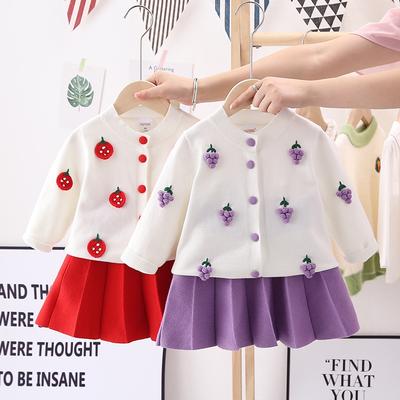 Nuevo Conjunto de Punto de Primavera para Niñas Lindo Vestido de Suéter de Crochet Cárdigan Cálido Falda Plisada
