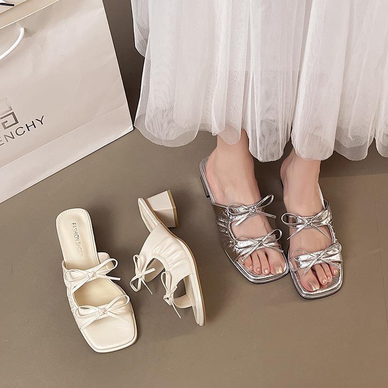 Women Slippers French Butterfly Knot Slippers 2025 Summer New Fairy Style Banquet Dress Shoes Women Square Toe Peep Toe Slippers