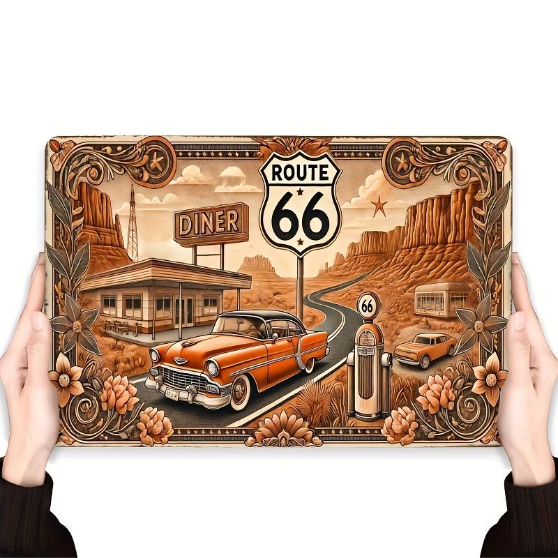 Vintage Retro Americana Route Classic Car Diner and Gas Station Western Desert Landscape with Ornate Floral Border Artwork HD 20x30cm(7.8x11.8inch)