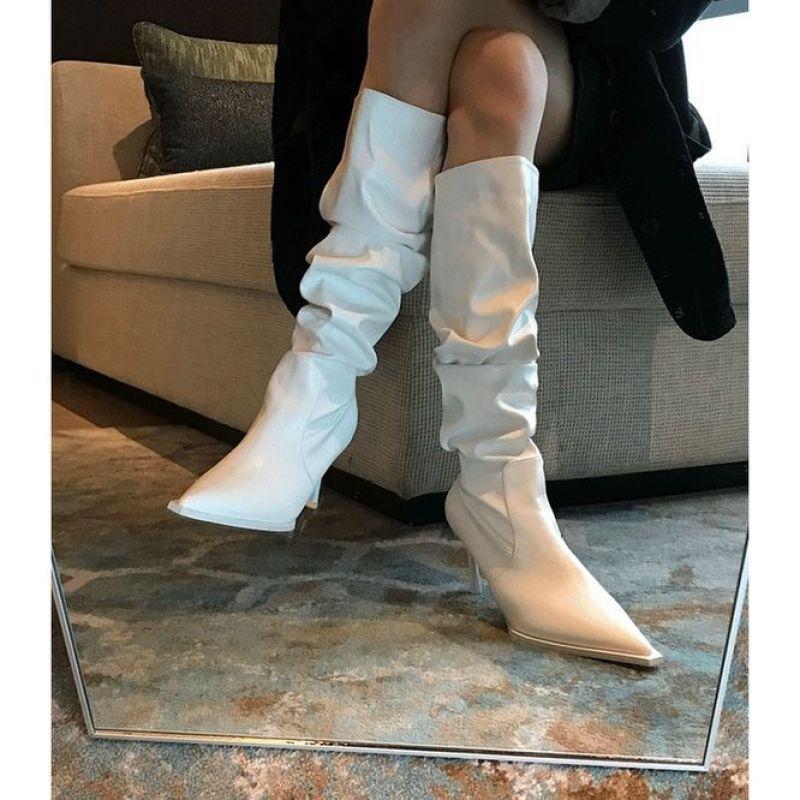 Spitze Stiletto-Stiefel Damen Weiße Plissee-Stiefel High Heel Stiefel Damen Stiefel zum Reinschlüpfen Kniehohe Reiterstiefel