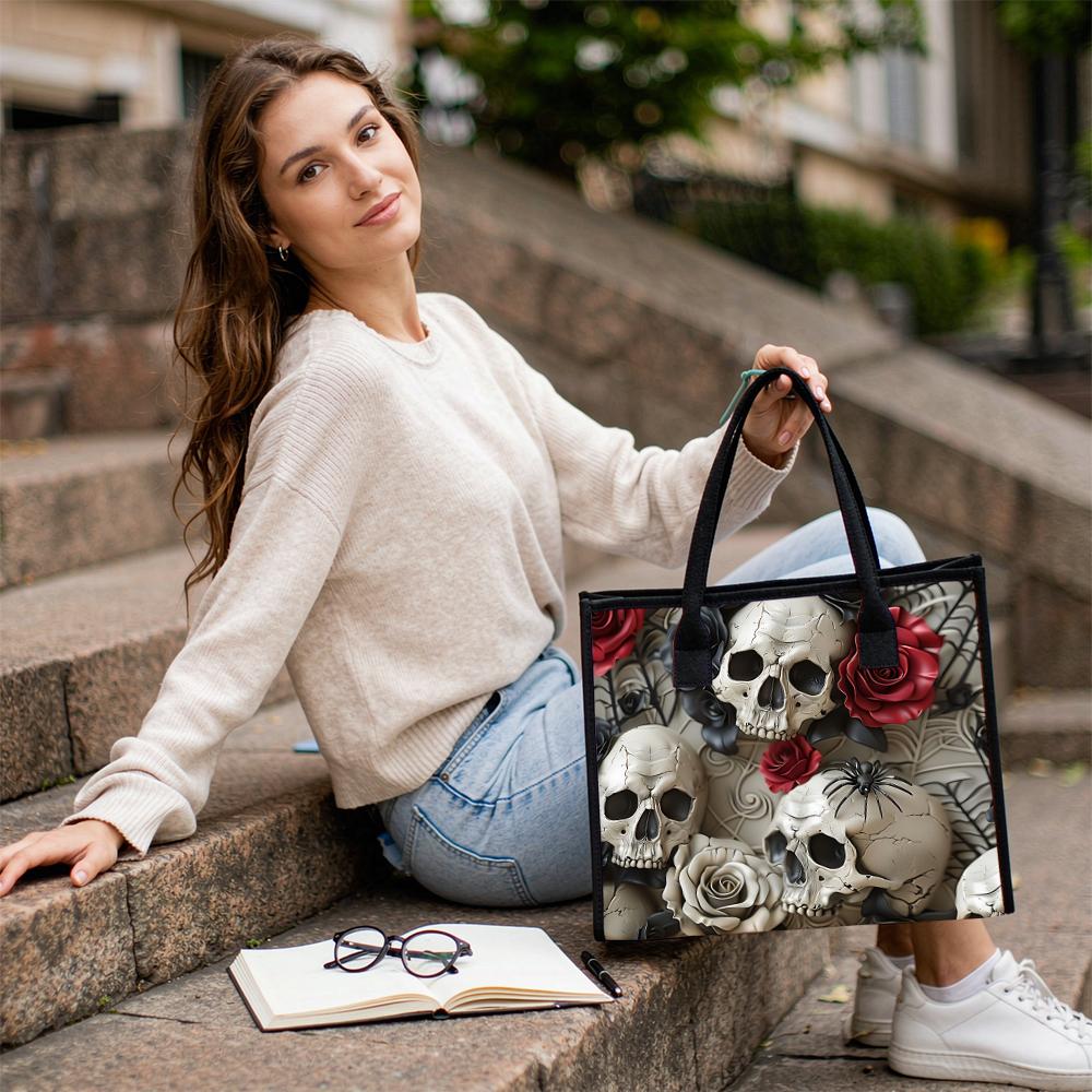 Gothic Skull Rose Pattern Tote Bag Fashion Casual Shopping Bag Cool Daily Handbag
