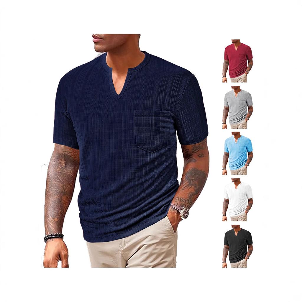 Fashion Year Men's Clothing, European and American Summer New Sports and Leisure Loose Solid Color Full Polyester Imitation Hemp V-neck Men's Short Sl