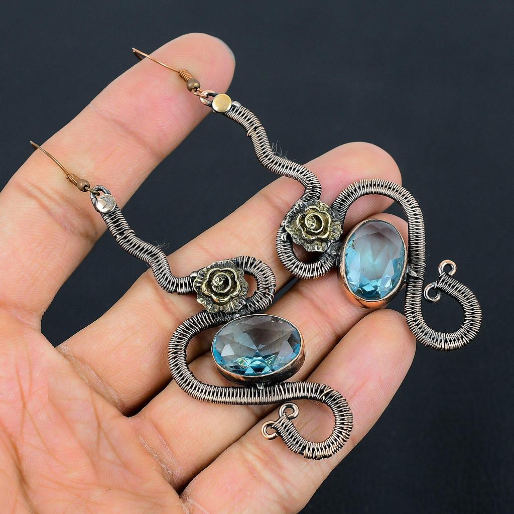 Blue Topaz Earrings, 999 Copper Wire Wrapped Gemstone Jewelry, Handmade Earrings, For Thanksgiving