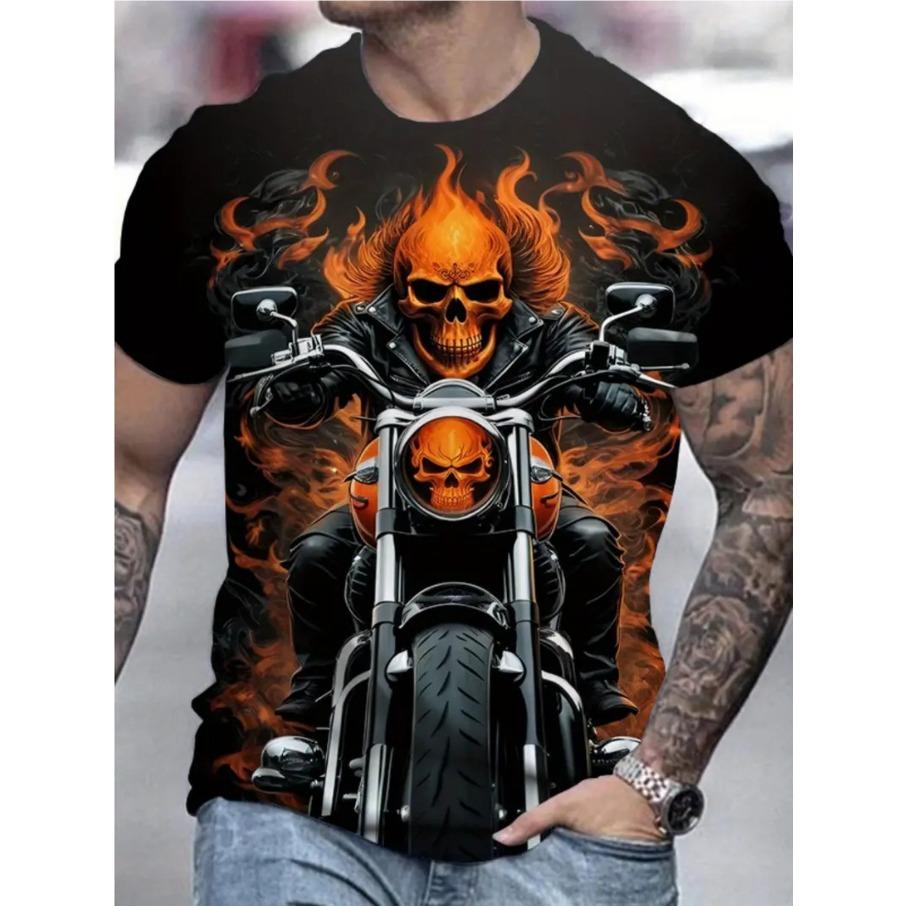 Moto Men's Casual 3D Print Loose Round Neck Short Sleeved T-shirt Top