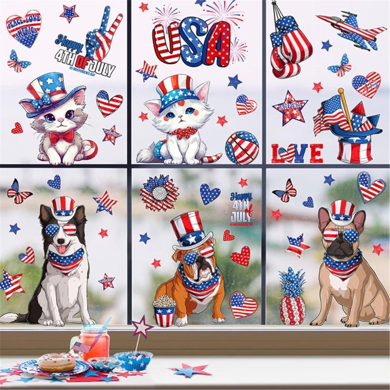 6 Pack American Flag Theme Sticker For Window Glass Door 4th Of July Decors Patriotics Memorials Day Home Office School