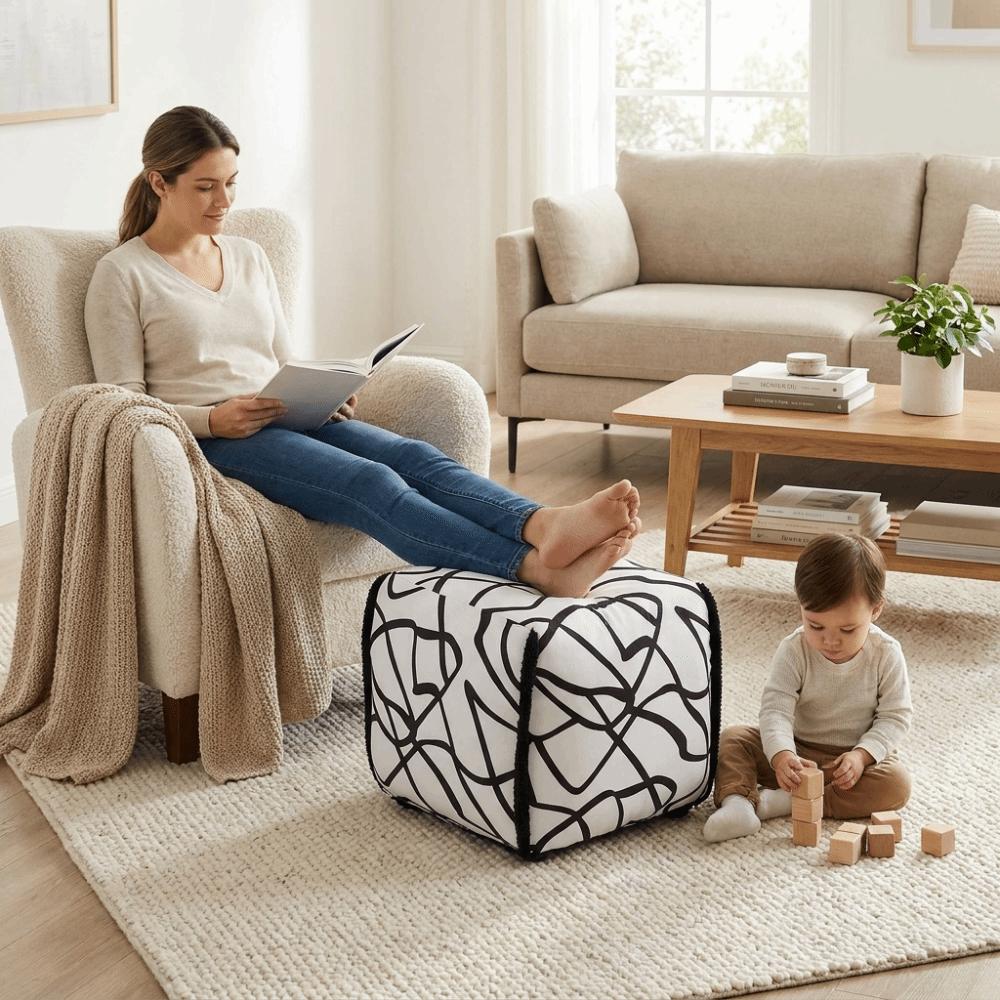 Soft Upholstered Ottoman Stool Linen Fabric Shoe Changing Stool Footrest Low Stool Household Use