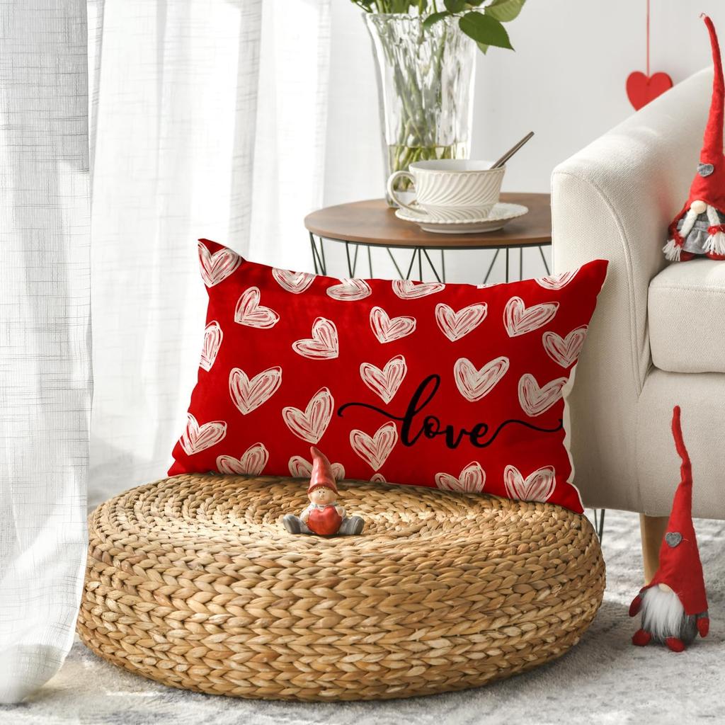 AVOIN colorlife Valentine's Day White Love Heart Throw Pillow Cover, 12 x 20 Inch Red Anniversary Wedding Cushion Case Decoration for Sofa Couch