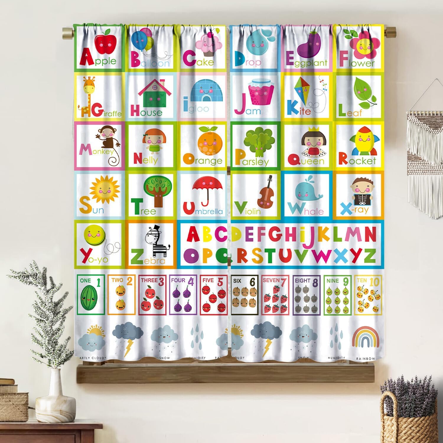 Colourful Abc Education Curta, Cartoon Alphabet Animals Maths Geometric Shapes Learning Window Drapes For Kids Bedroom 53x116CM-2PC