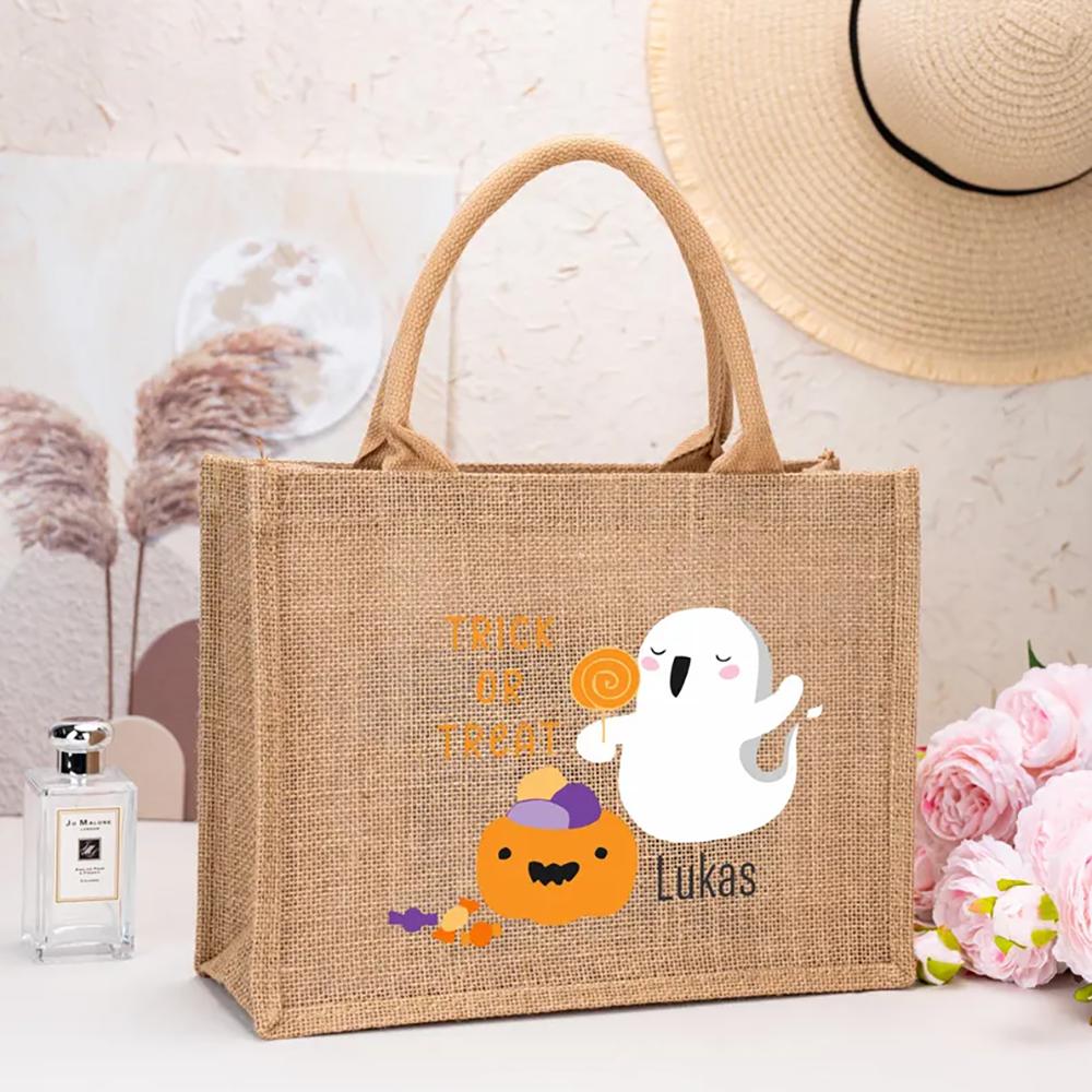 Personalised Trick or Treat Tote Bag Custom Name Halloween Kids Candy Bag Pumpkin Ghost Kids Reusable Bags Halloween Party Decor