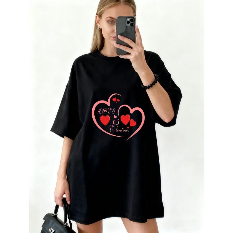 Black Oversized T Shirt With Love Is Valentines Heart Print For Valentine's Day