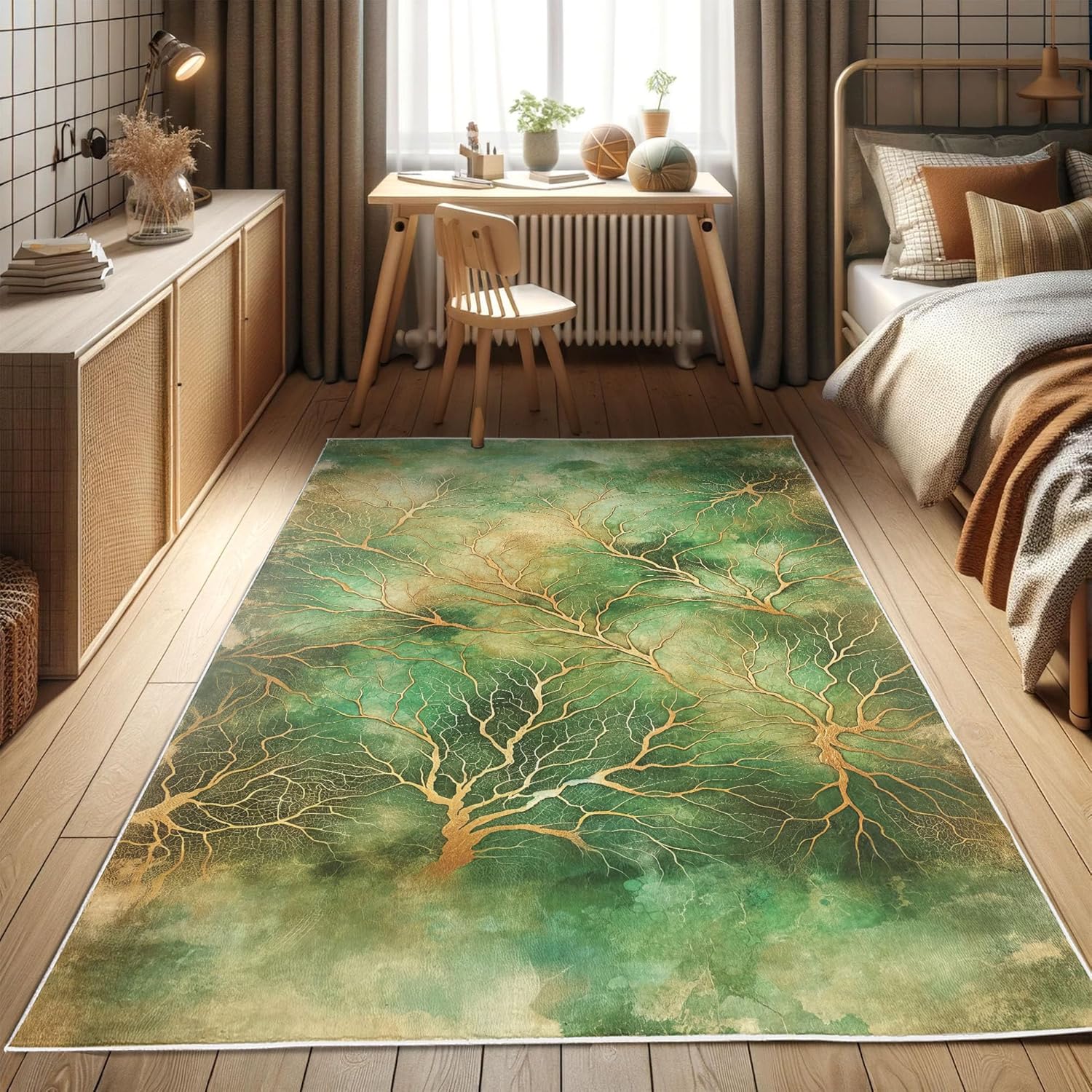 

Lunar Art Decorative Rug, Oriental Bohemian Mandala with Moon Phase and Abstract Lines Modern, Quality Carpet for Bedroom Dorm 60x90CM