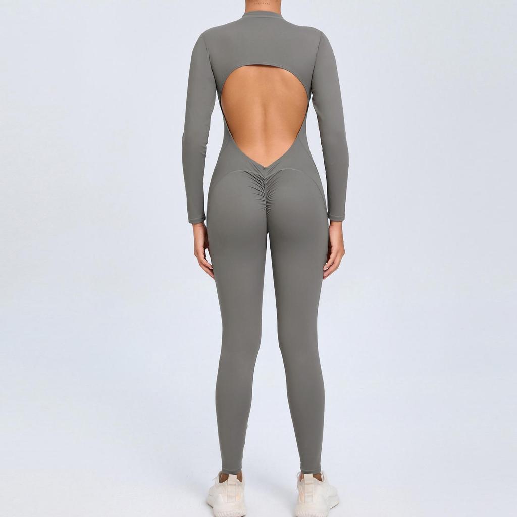 Europäischer & Amerikanischer Yoga-Jumpsuit mit Reißverschluss und langen Ärmeln - Damen Fitness-Body mit Nude-Feeling