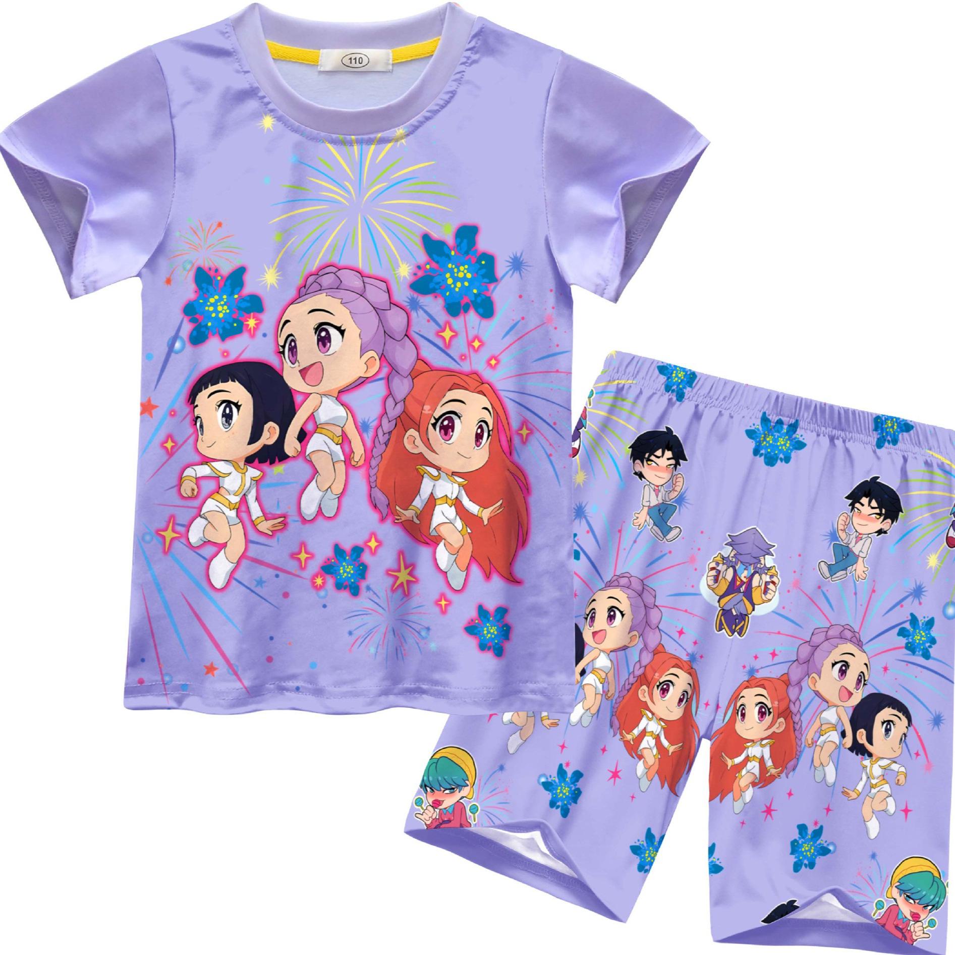 New Suit, Witch Hunter Girl Group Printed Clothing, Medium and Older Children s Home Short Sleeves + Shorts Two Sets 110 yards