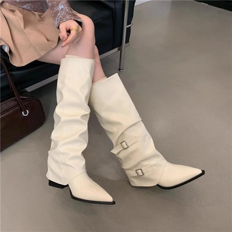 Women Trend Boots Temperament Pointe Leather Boots Quality Belt Buckle Knight Boot Lady Knee-high Boot Pleated Design Long Boots