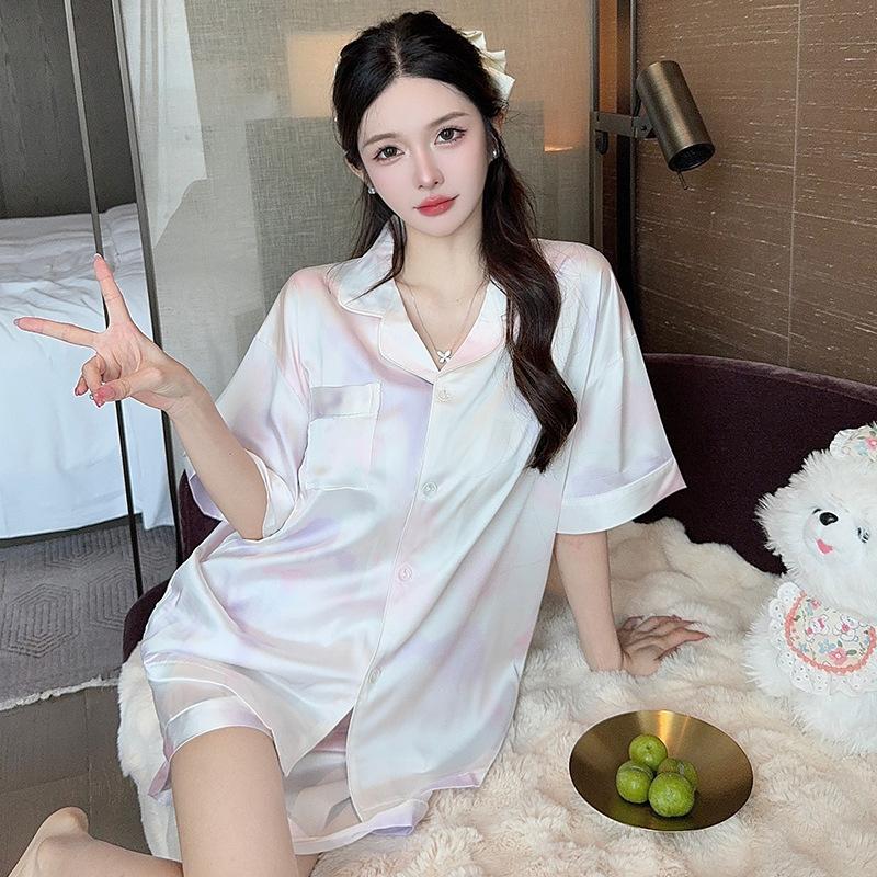 Summer Gentle Lace Edge Ice Silk Pajamas Women'S Smudging Color High-Quality Short-Sleeved Trousers Loungewear Set