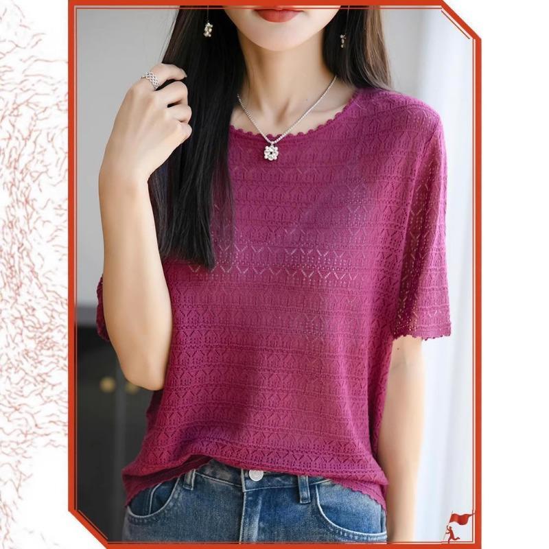 

This Summer s New Ice Silk Knitted Short-sleeved Round-neck T-shirt Is Versatile Slimming and Elegant with A Cutout Top XXL